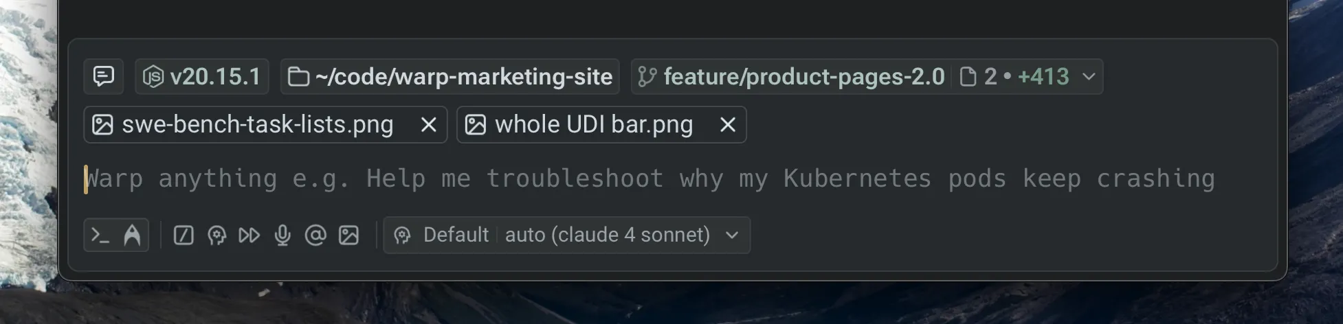 Universal Input's contextual input chips, from left to right: conversation management, node version, active directory, Git and code diffs, and 2 attached images.